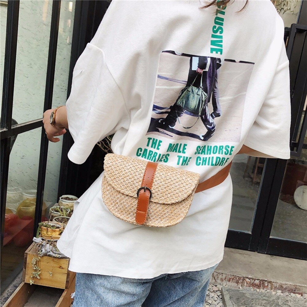 Women Half Circle Straw Bags Straw Waist Bags Fanny Beach Shoulder Messenger Bag Waist Pack Bags Bolsas Feminina Muje