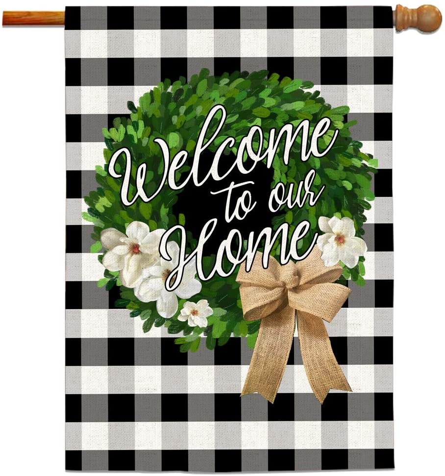 Bonsai Tree Welcome to Our Home Flags Double Sided, Boxwood Christmas Wreath Seasonal Burlap Garden Flags