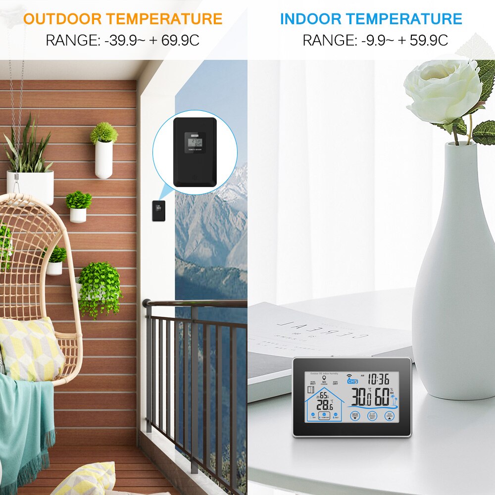 Wireless Weather Station Touch Screen Thermometer Hygrometer Indoor Outdoor Wifi Weather Forecast Sensor Clock