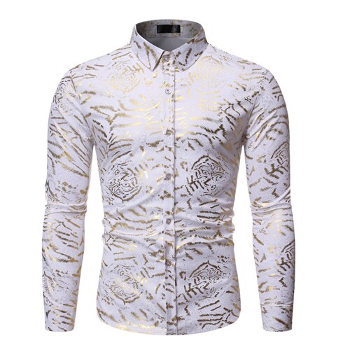 Luxe or tigre bronzant robe Chemise hommes à manches longues boîte de nuit parti brillant Chemise décontracté Chemise boutonnée: White / US Size S