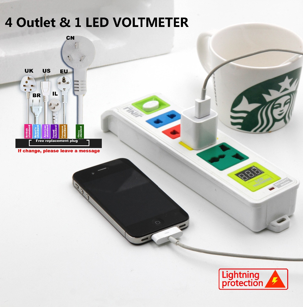 AU EU UK US 4 Outlet voltmeter socket with Lightning protection system