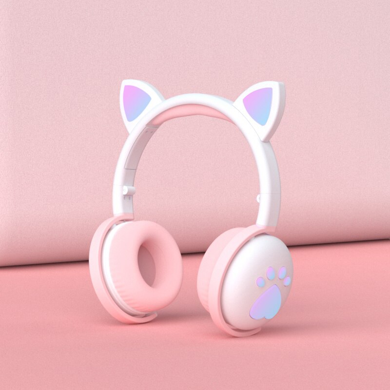 Cute cat Ear Paw Headset Glowing Kids Wireless Bluetooth 5.0 Headphones daughters Girls Earphones with Mic Children