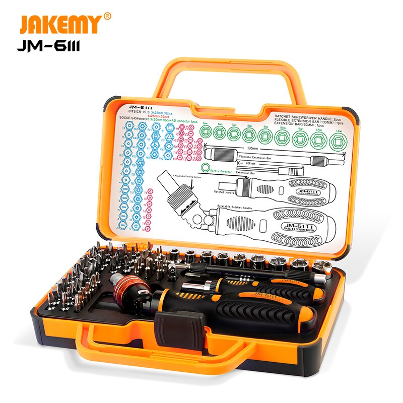 Jakemy JM-6111 Originele 69 In 1 Diy Hand Tool Set 180 Graden Ratchet Schroevendraaier Kit Crv Bits Voor Elektronica Reparatie demontage