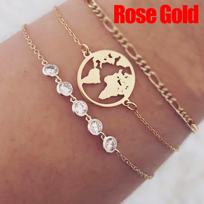 Charms Bracelets Women Bohemian Style World Map Tassel Bracelet Jewelry Jewellery Accesorios Pulseras Kpop: Rose Gold