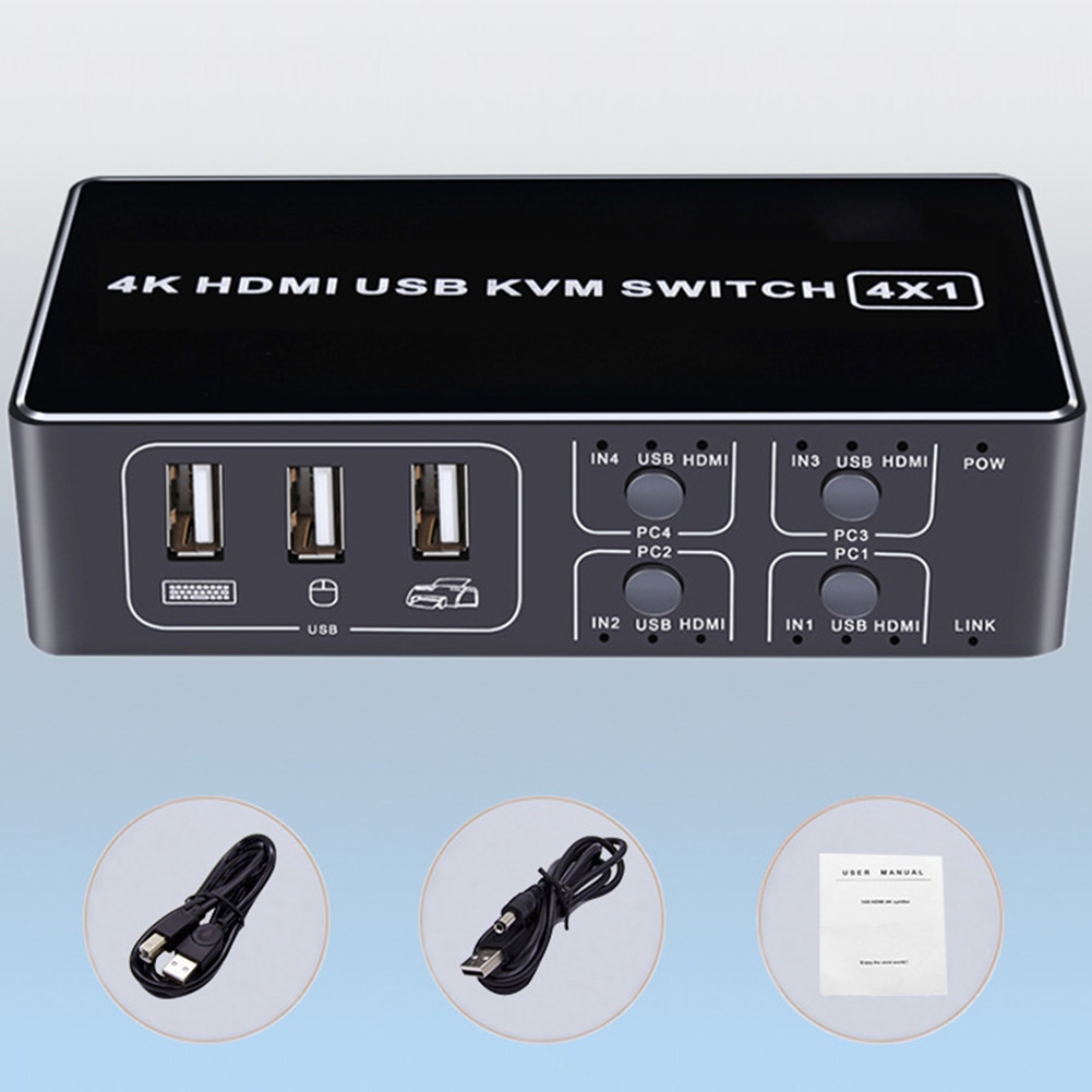 4k delning ultra hd dator kvm switcher stabil usb hdmi för mus tangentbord med indikera ljus 4 port nav aluminiumlegering