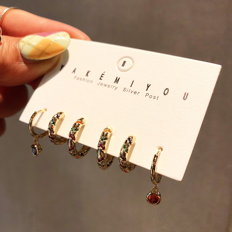 Anenjery Zilveren Kleur Koper Gekleurde Zirkoon Hoepel Oorbellen Voor Vrouwen Eenvoudige Temperament 6 Stuk Oorbel Set Koreaanse Accessoires