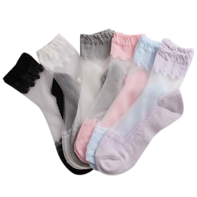 Calzini Donna Caviglia - Volantino Pizzo - Rete Cotone Trasparente - Morbidi e Traspiranti per Yoga & Fitness