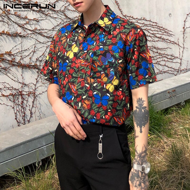 INCERUN homme motif papillon imprimé chemise été hommes manches courtes revers chemises décontractées amples confortable Blusas Hombre hauts 3XL