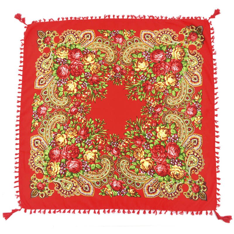 90*90cm châles russes pour femmes, écharpes nationales en coton imprimé, foulards russes rétro à franges, bandanas, pashminas d'hiver pour dames