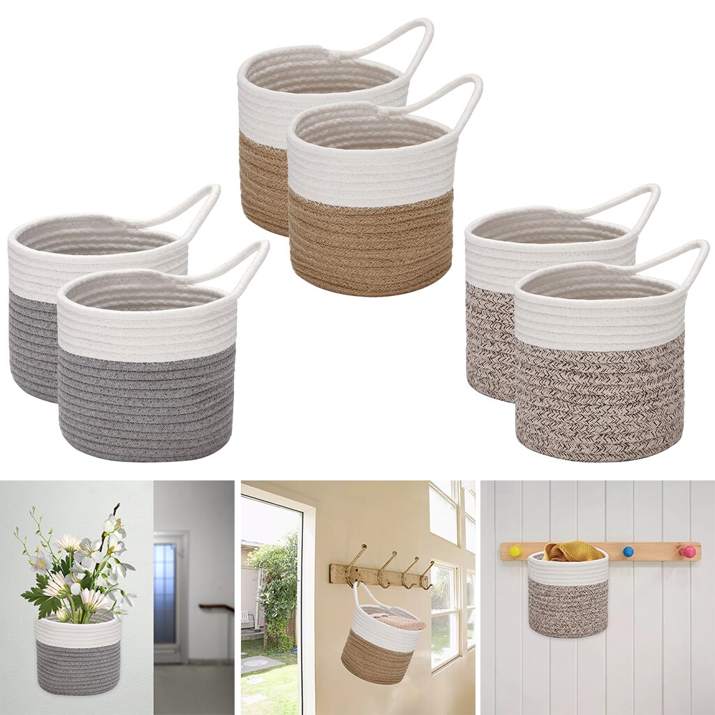 2 Pieces Small Cotton Rope Basket Sets Woven Baskets Storage Hanging Baskets for Organizing Round Baskets for Plants