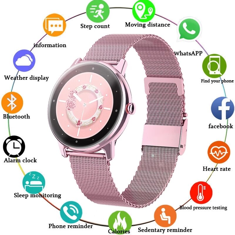 Ladies Smart Watch IP68 Waterproof Fitness Tracker Heart Rate Monitor Full Screen Male Smart Watch Compatible with Android IOS