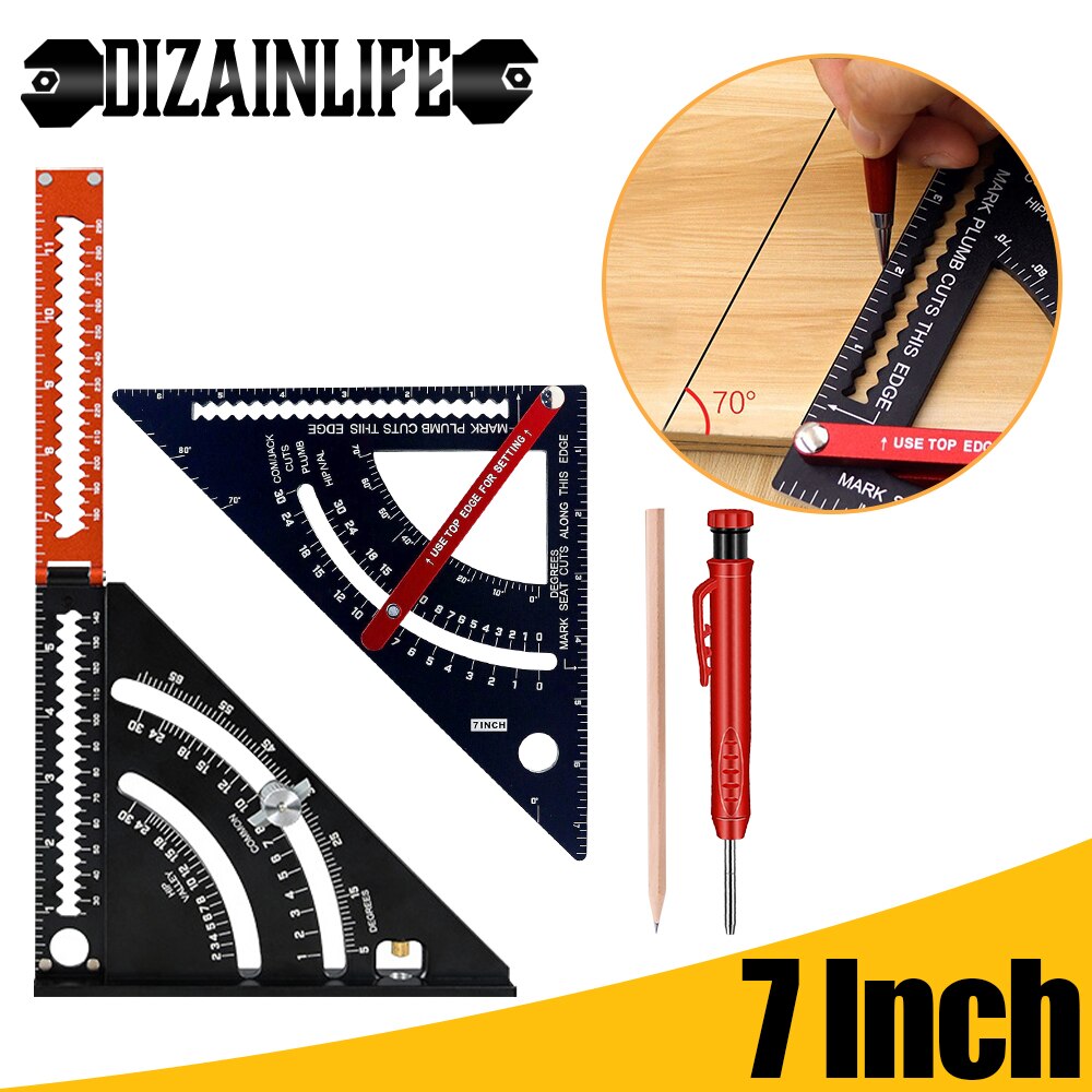 7 Inch Aluminum Alloy Speed Square Triangle Ruler Angle Protractor Ruler Multi Positioning Tool Woodworking Line Measuring Gauge