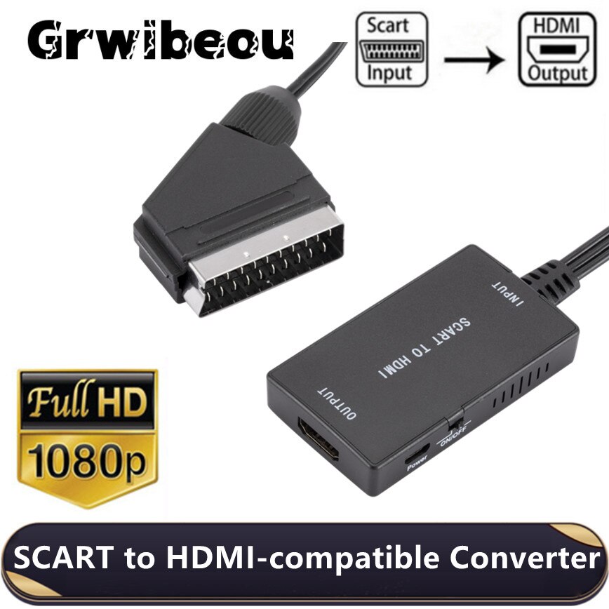 Grwibeou scart til hdmi-kompatibel kabelkonverter videoadapter 1080p video audio adapter til hd tv dvd til hdtv stb sky box