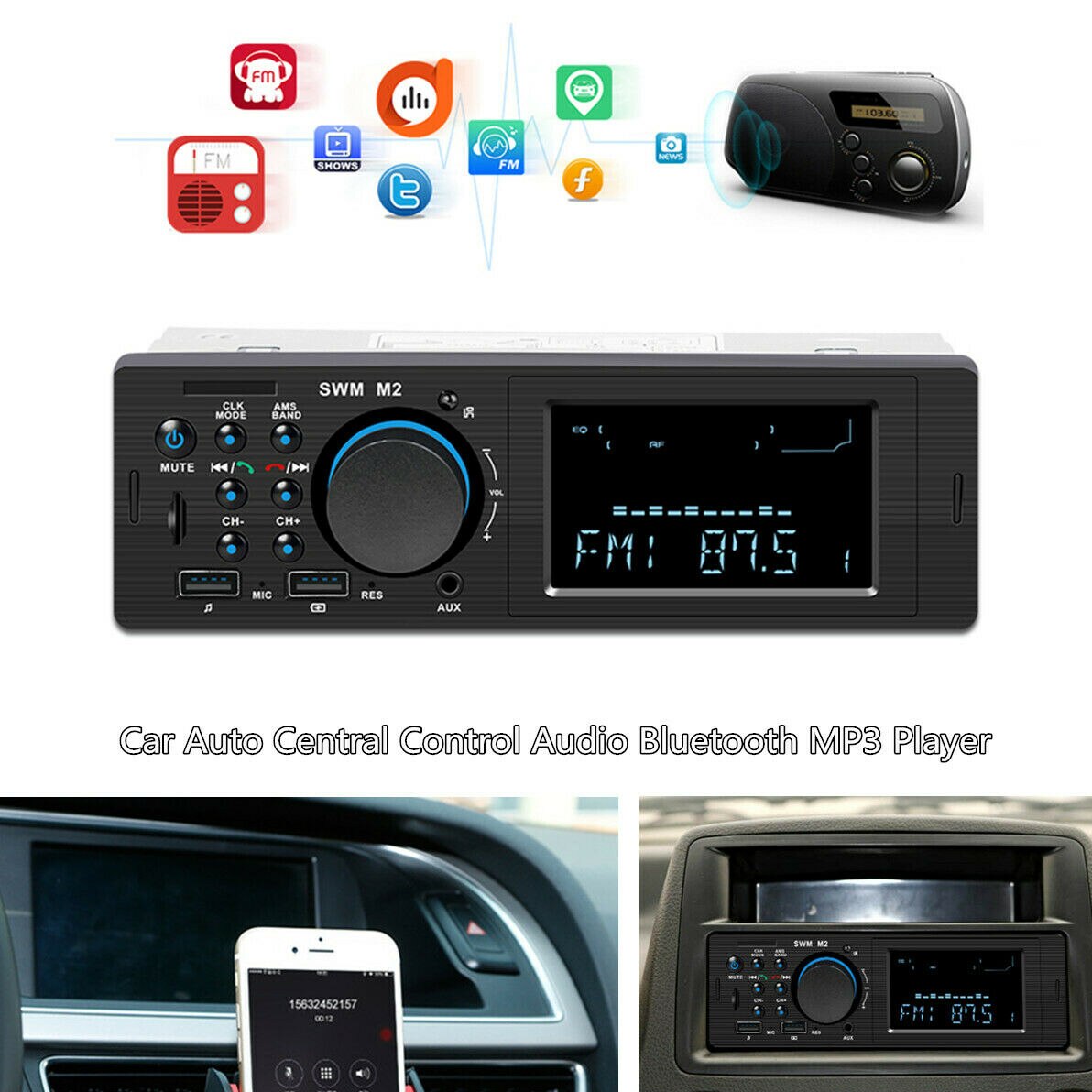 Car Central Control Audio Bluetooth Radio Stereo Player USB/AUX/FM/MP3 Android