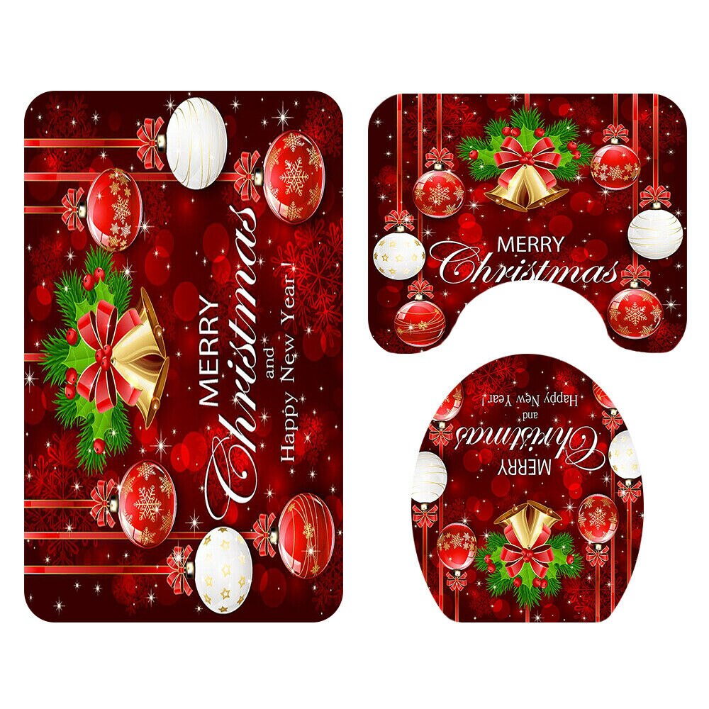 Christmas 4pcs Bathroom Shower Curtain Set Printed Santa Claus Bath Water Absorbing Toilet Polyester Cover Mat Home Decor: Bell shower curtain