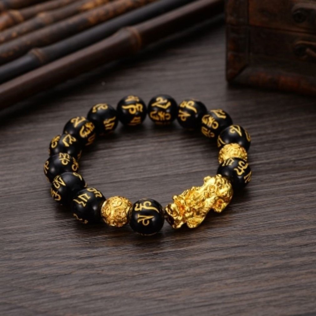 Feng Shui Obsidiaan Steen Kralen Armband Mannen Vrouwen Unisex Polsband Goud Zwart Bixie Rijkdom En Geluk Vrouwen Armband