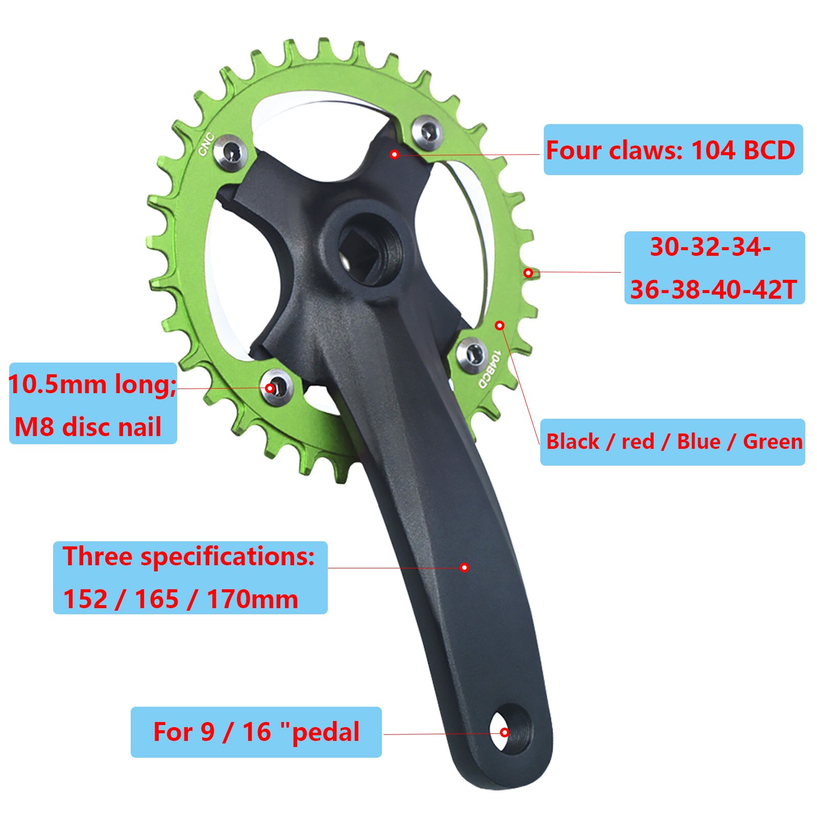 Bicycle Square Hole Sprocket 104BCD 152mm/165mm/170mm Crank Arms 32/34/36/38/40/42T Narrow Wide Chainwheel MTB Bike Crankset