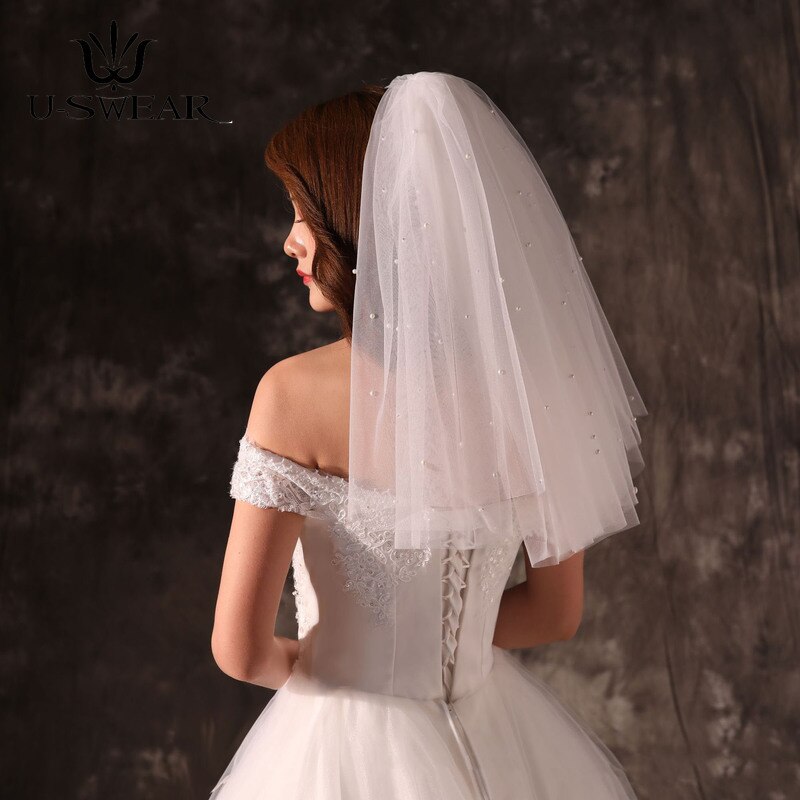 2 Layer Princess Puffy Pearl Short Veil with Metal Hair Comb Bride Velo De Novia Wedding Accessories Bridal Veils