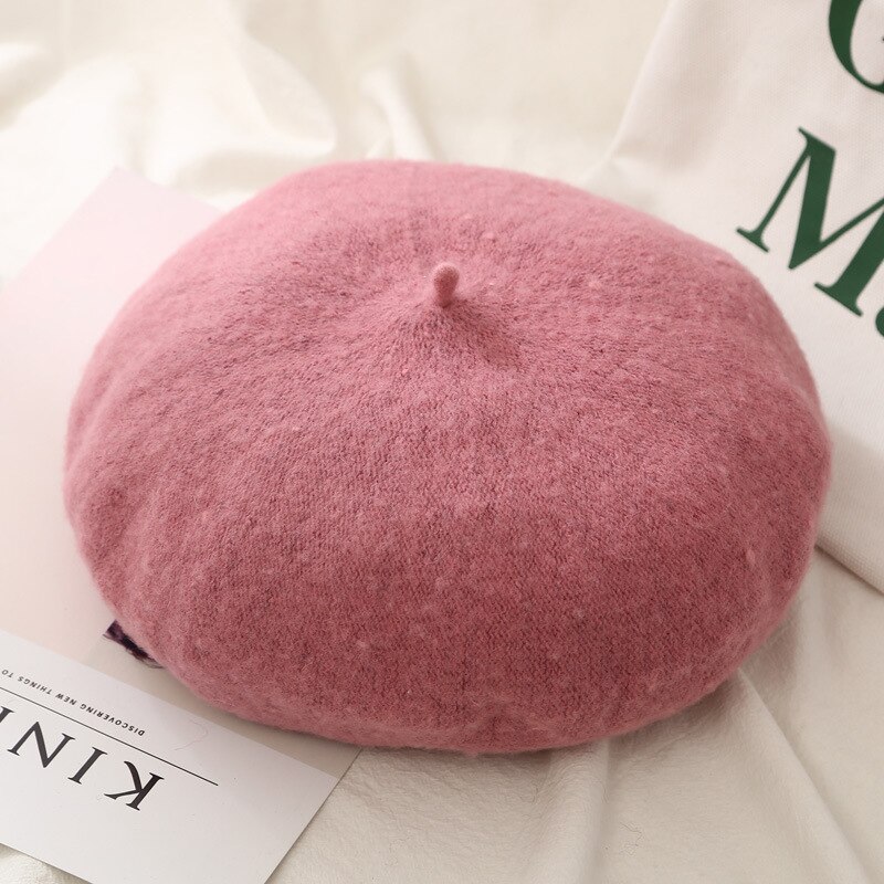 21 Kleuren Lady Herfst Winter Baret Hoed Schilder Hoed Vrouwen Wol Vintage Baretten Effen Kleur Caps Vrouwelijke Motorkap Warme Wandelschoenen cap: Leather red