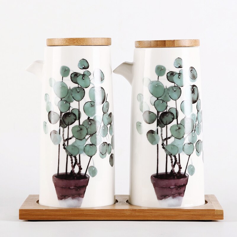 Nordic Groene Plant Home Keramische Kruiden Pot Eetstokjes Opslag Olie Pot Zout Shaker Combinatie Set Restaurant Keuken Benodigdheden: E