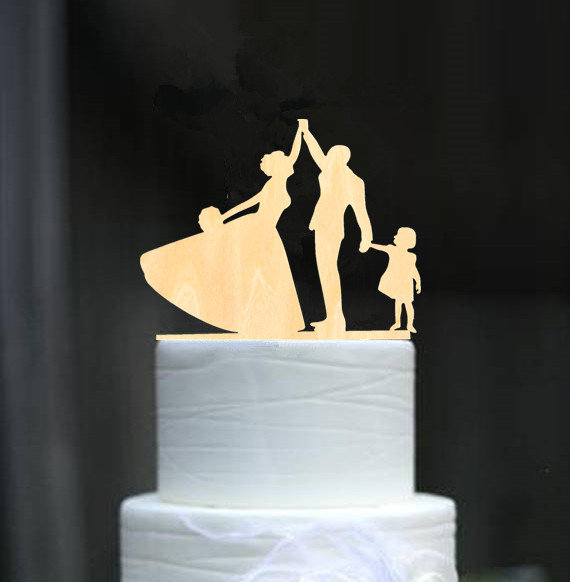 Familie stil rustikke træ bryllupskage topper brud og brudgom kage toppers med børn dreng eller pige kage dekorere baby shower: Stil 1