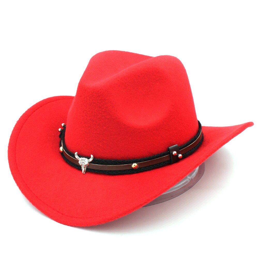 Mistdawn Wild Western Cowboy Hat Cowgirl Sombrero Cap Wool Blend Stiff Wide Brim with Tauren Leather Belt Size 56-58cm BBI: Red
