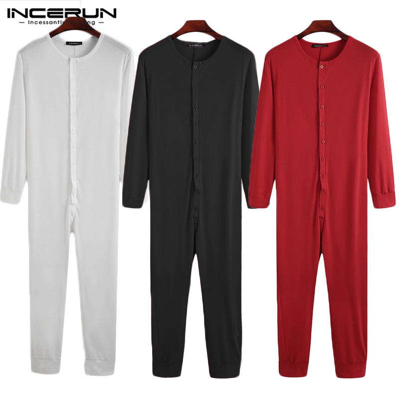 Mono de pijama para hombre, ropa de dormir de manga larga de Color sólido, cómoda, con botones, monos para dormir, S-5XL, INCERUN