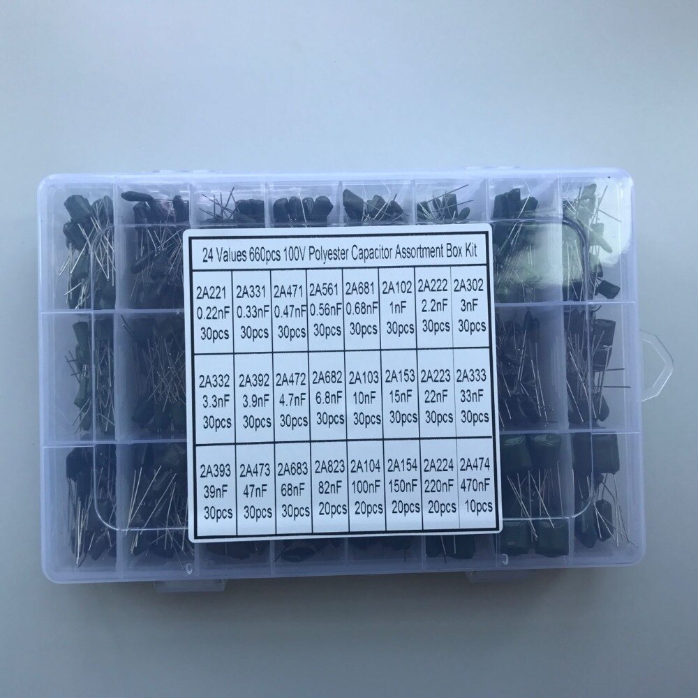 24 Values 660pcs 100V (2A221J~2A474J ) 2A221 2A331 2A471 2A561 2A681 2A102 2A222 2A302 Polyester Film Capacitor Assorted Kit