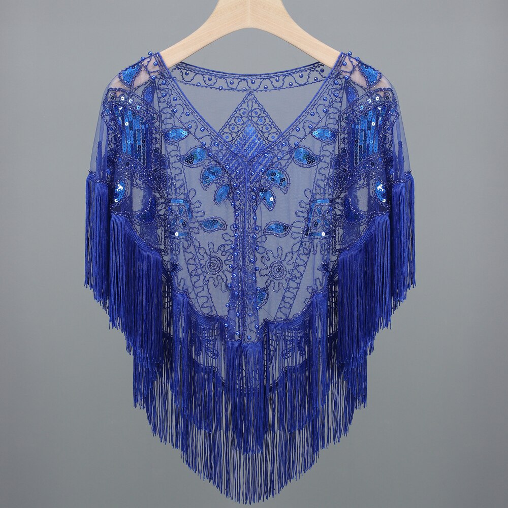 Vrouwen 1920 S Lovertjes Sjaal Met Kwastjes Kralen Parel Fringe Sheer Mesh Wraps Gatsby Flapper Bolero Cape Cover Up: royal blue