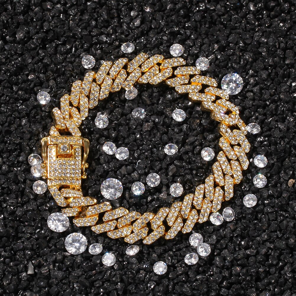 THE BLING KING 12mm Bling S-Link Miami Cuban Bracelets Gold Color Full Iced Rhinestones Hiphop Mens Bracelet Jewelry