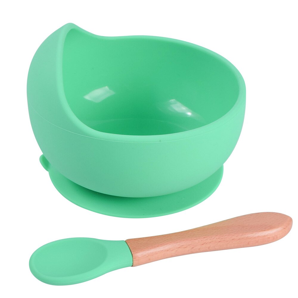 Tazón de silicona para bebé, vajilla de alimentación, cuchara de madera, cuenco de succión impermeable, platos antideslizantes, productos de cocina: Light Green
