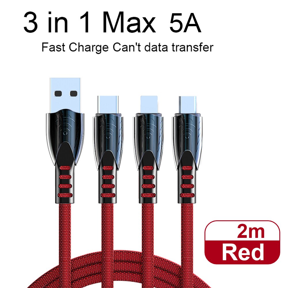 5A szybkie ładowanie 3 w 1 kabel USB Multi szybka ładowarka mikro USB typ C kabel dla iphone'a dla samsunga dla Xiaomi Huawei Oneplus: czerwony 5A - 2m