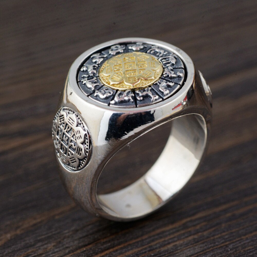 Vintage 925 Sterling Silver Jewelry Exaggerated Large Mens Rings Rotatable Jiugong Bagua Twelve Chinese Zodiac Signs: 12 / Gold