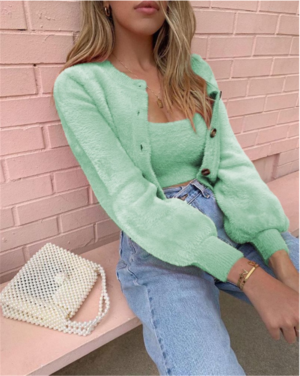 2 uds. Abrigo de lana de felpa suave de informal para mujer chaqueta de manga larga de Color sólido chaqueta de invierno cálido suéter botón prendas de vestir Rosa verde