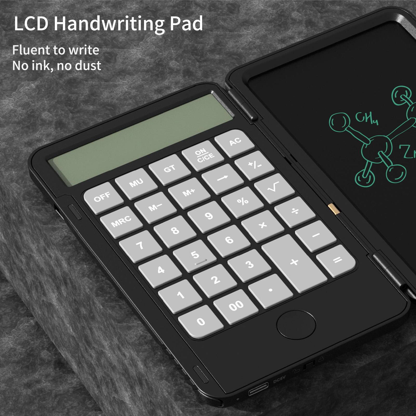 Calculator with 6 inch Writing Tablet Portable Foldable Smart Erasable LCD Graphics Rechargeable Battery 12 Digit Display