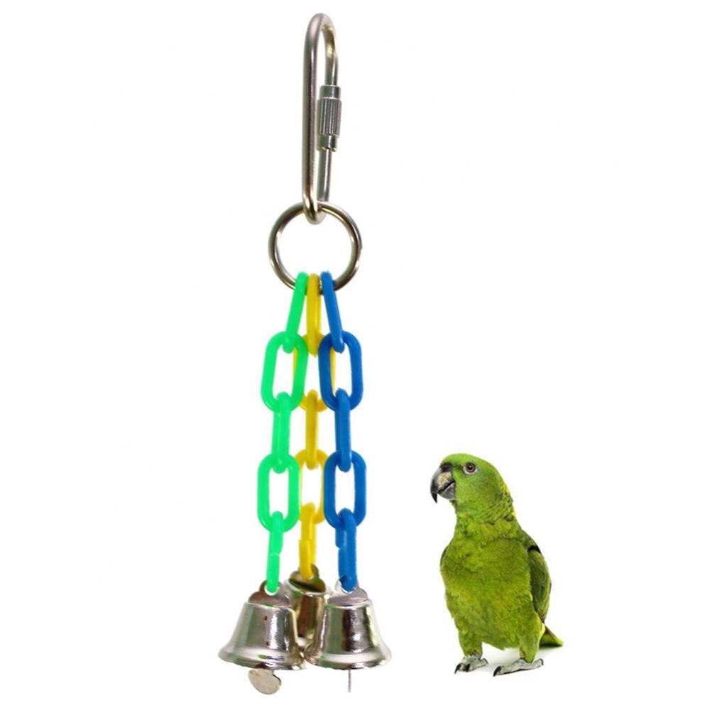 Uccello pappagallo moda blu verde giallo decorazioni ciondolo legno 3 campana catena molare macinazione zampa giocattolo da masticare decorazione gabbia