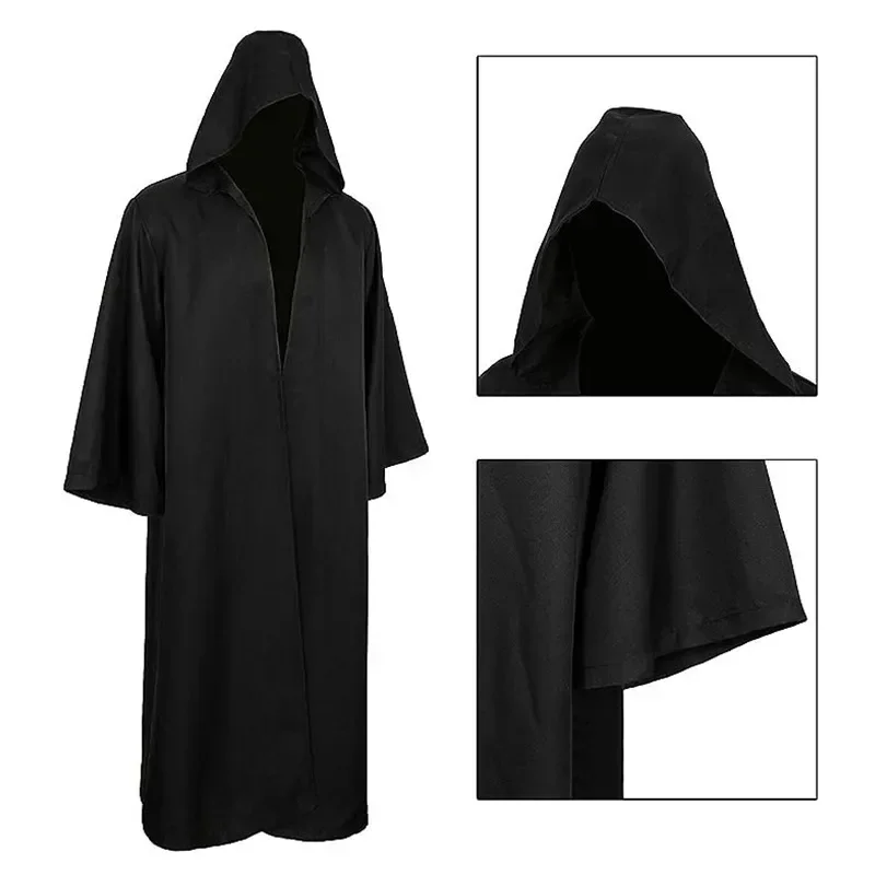 Halloween manto cosplay traje adultos feiticeiro camisa longa com capuz preto robe traje feiticeiro túnica com capuz robe