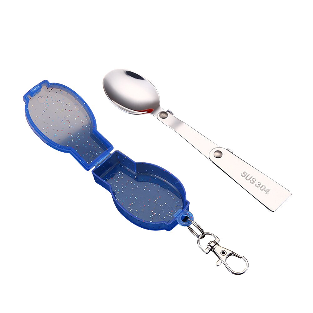 Stainless Steel Folding Pocket Spoon Spork Camping Utensil Portable Outdoor Travel Picnic Tableware Spoon with Storage Box: Blue Spoon