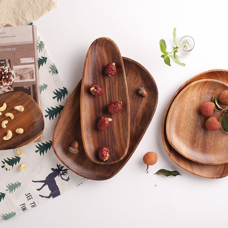 Round Square Wood Plate Breakfast Bread Plate Saucer Tea Tray Dessert Dinner Plate Tableware Whole Wood Fruit Dishes