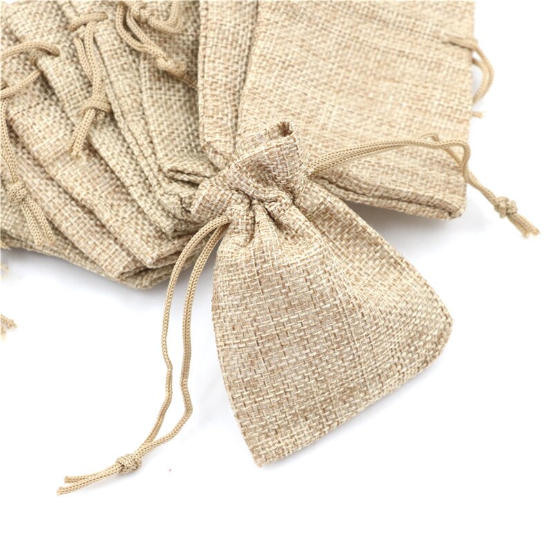 10pcs Small Burlap Jute Sack Linen Pouch Bag Drawstring Wedding Supplies
