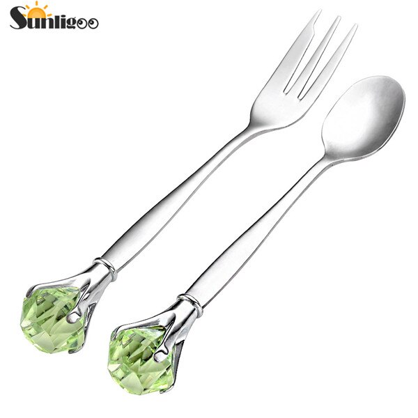 Sunligoo 2 stk klassisk krystal diamant rustfrit stål kort ske + gaffel bordsæt muddler mærke: 2ps grønne