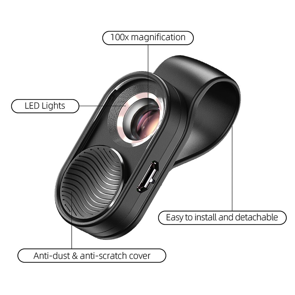 Apexel APL-MS001 mini portátil smartphone microscópio 100x ampliação embutido luz led com clipe universal