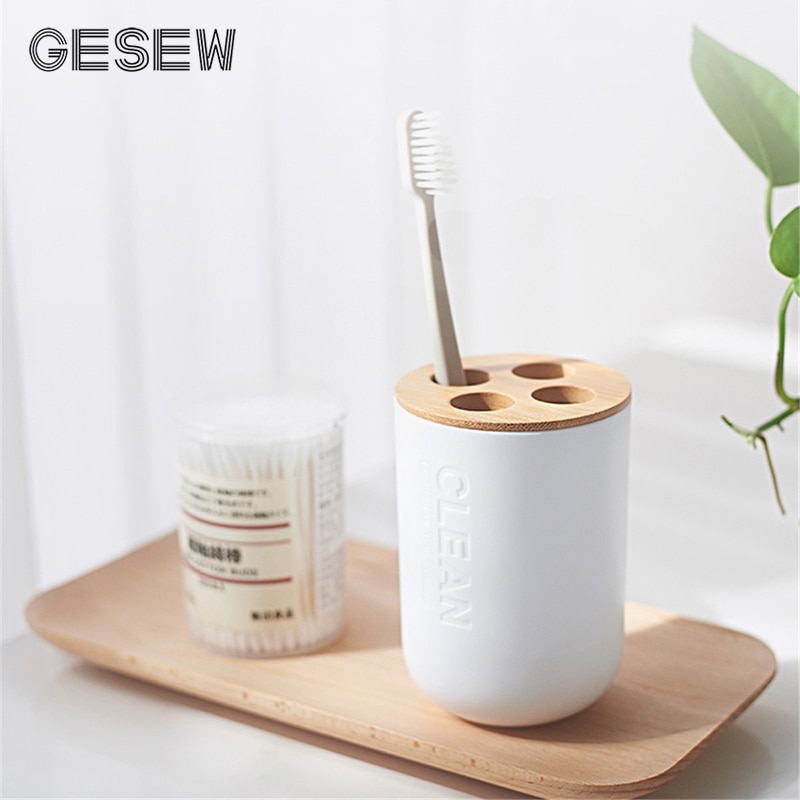 Gesew tandbørstekop med tandbørsteholder af bambustræ multifunktionelt sæt til mundkop til badeværelset