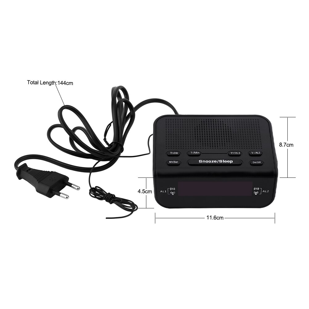 Compact Digital Dual LED display Alarm Clock Port LCD Display Backlight With FM Radio Sleep Timer Black