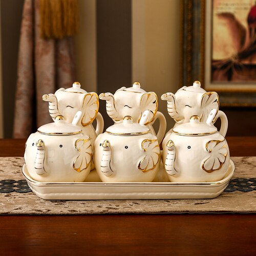 Elefant keramik kryddflaskor kryddburk kryddlåda kök kryddflaska burkar salt peppar spiskummin pulver kryddflaskor