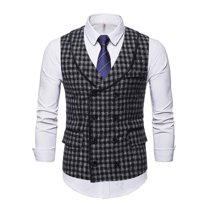 Herfst En Winter Vest Met Plaid Double Breasted Mannen Leisure Suit Vest: Black / Xxxl