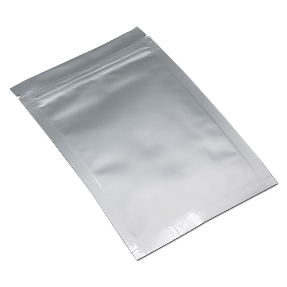100Pcs Silver Pure Aluminum Foil Zip Lock Packaging Bag Grocery Snack Retail Mylar Zipper Tear Notch Storage Packing Pouches