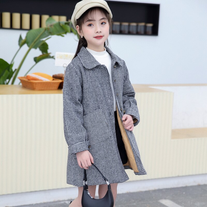 Manteau en laine à carreaux pour filles, vêtements d'extérieur à col tournant, veste solide inclinée pour enfants et adolescents, printemps automne: black / 12