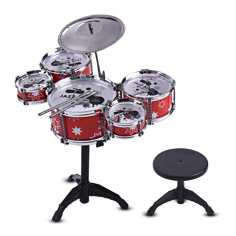 Kinderen Kids Jazz Drum Set Kit Musical Instrument Educatief Speelgoed 5 Drums + 1 Cimbaal Met Kleine Kruk Drum Sticks voor Kids