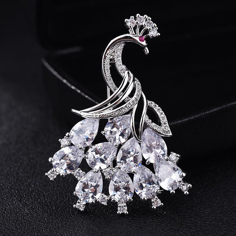 RED TREES Peacock Brooch - Women's Party Accessory - Luxury AAA Zirconia - Sterling Silver Plated